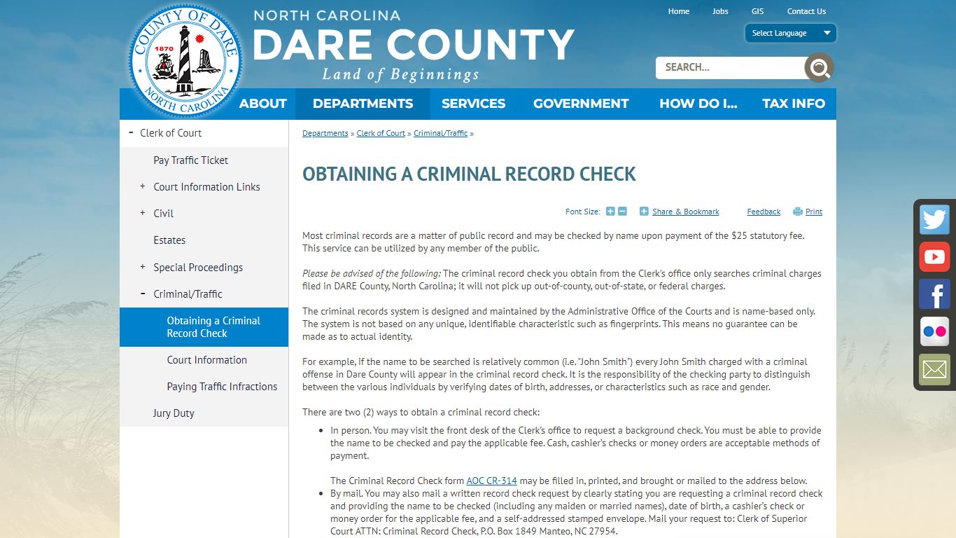 Obtaining a Criminal Record Check | Dare County, NC